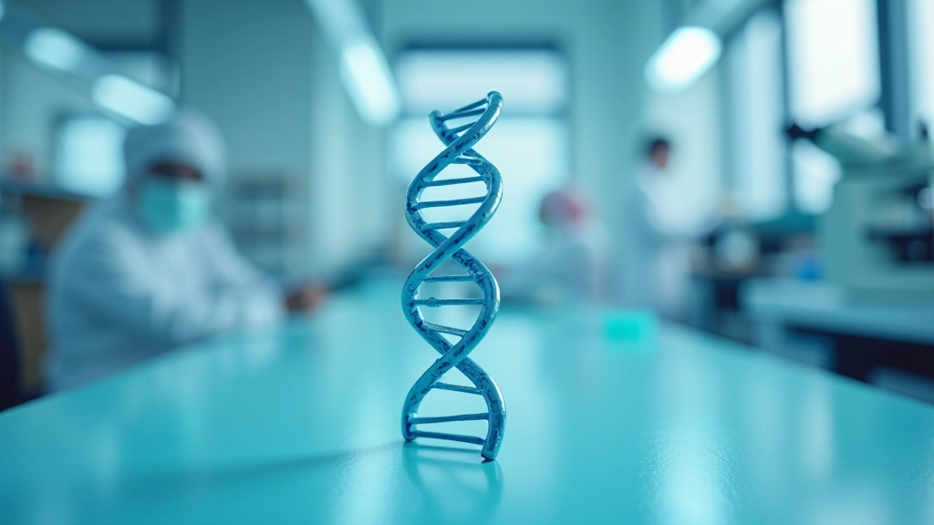 DNS spirāle hologrammas modelis uz mūsdienu laboratorijas galda ar skaidru mikroskopu