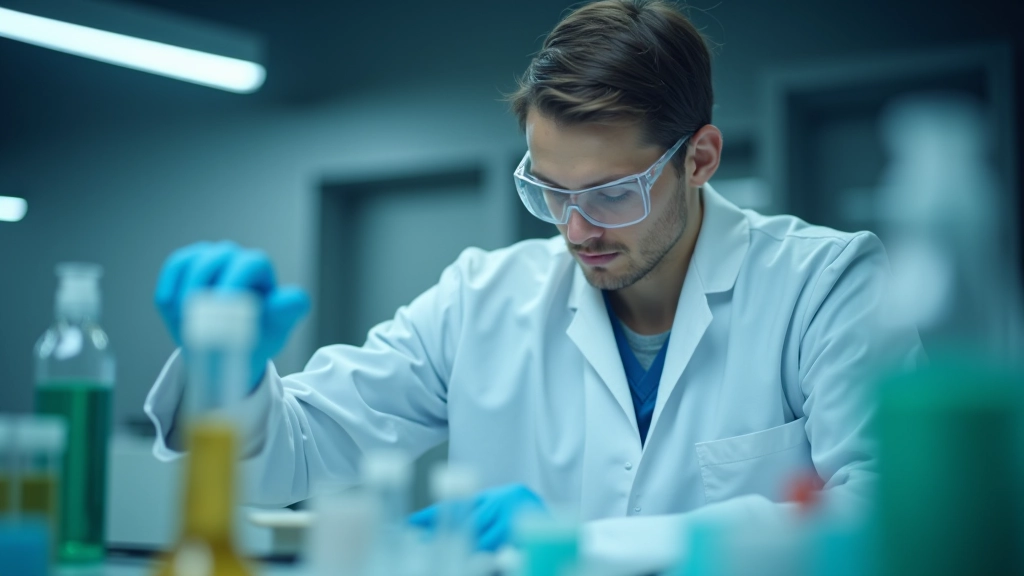 Zinātnieks laboratorijā analizē bionoārdāmus materiālus, ar mikroskopu un laboratorijas iekārtu, pētniecības vide