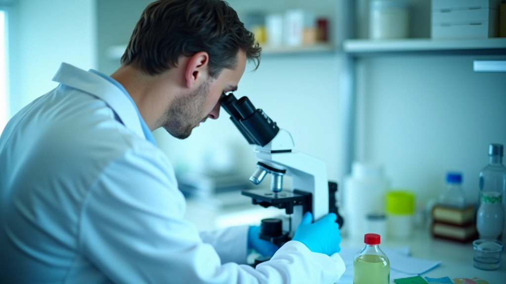 Zinātnieks laboratorijā strādā ar ģenētiskās pētniecības paraugiem un mikroskopiem