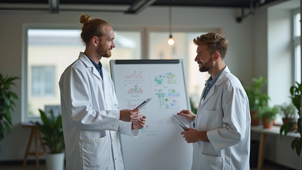 Jauni uzņēmēji diskutē biotehnoloģijas projektā ar diagrammām uz tāfeles